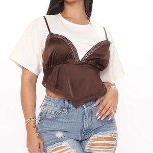 Brown Lace Trim Women's Top